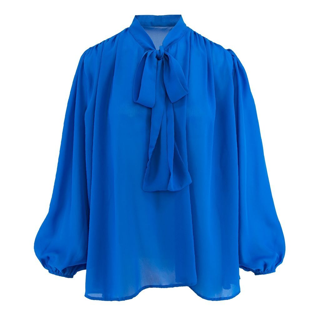 Women's Electric Blue Chiffon Blouse With Draped Shoulders & Bow Ribbon Extra Small BLUZAT
