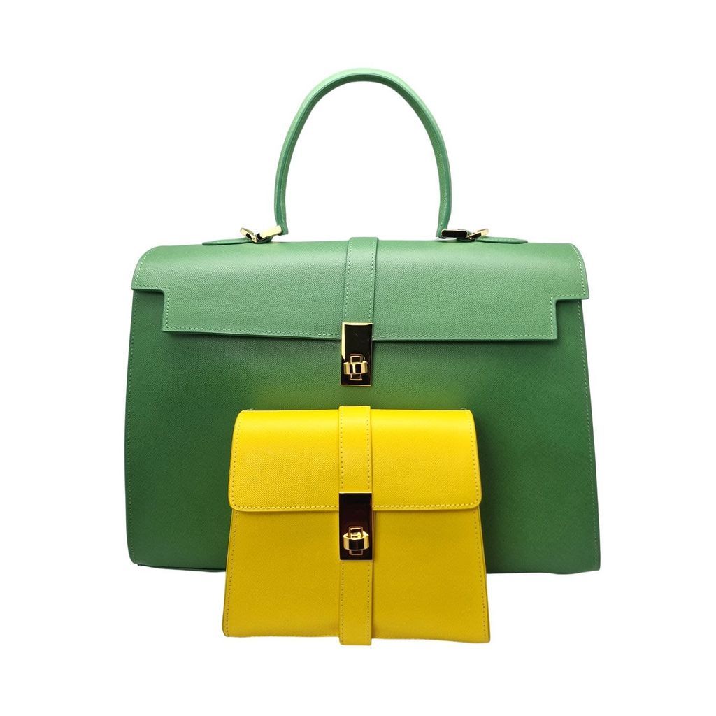 Women's Ethereal Double Dose Bag In Saffiano Calf Leather - Green & Yellow Tote London