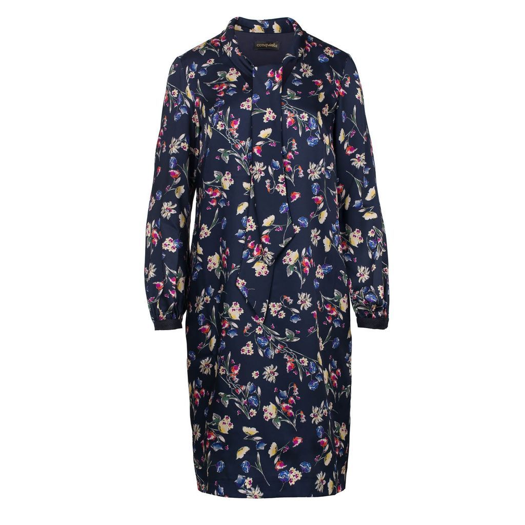 Women's Floral Print Long Sleeve Dress With Tie Collar Large Conquista
