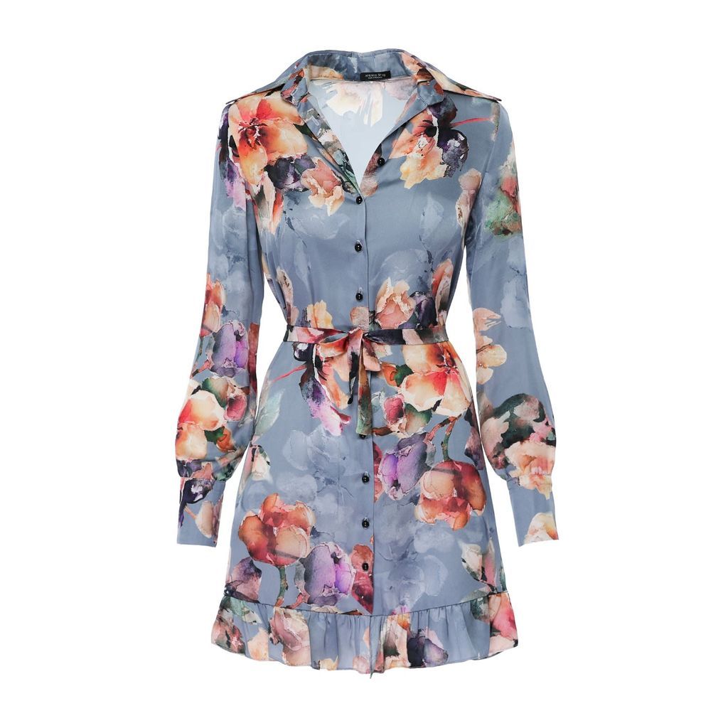 Women's Floral Print Satin Shirt Dress - Light Blue Xxs AVENUE No.29