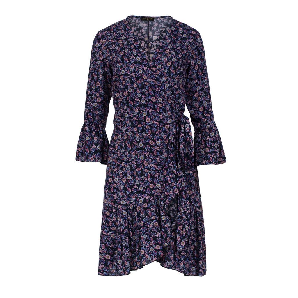 Women's Floral Print Viscose Wrap Dress With Bell Sleeves Small Conquista