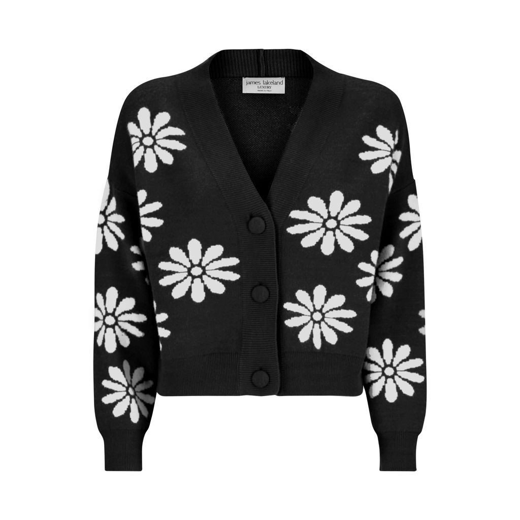 Women's Flower Detail Short Cardigan - Black/White Medium James Lakeland