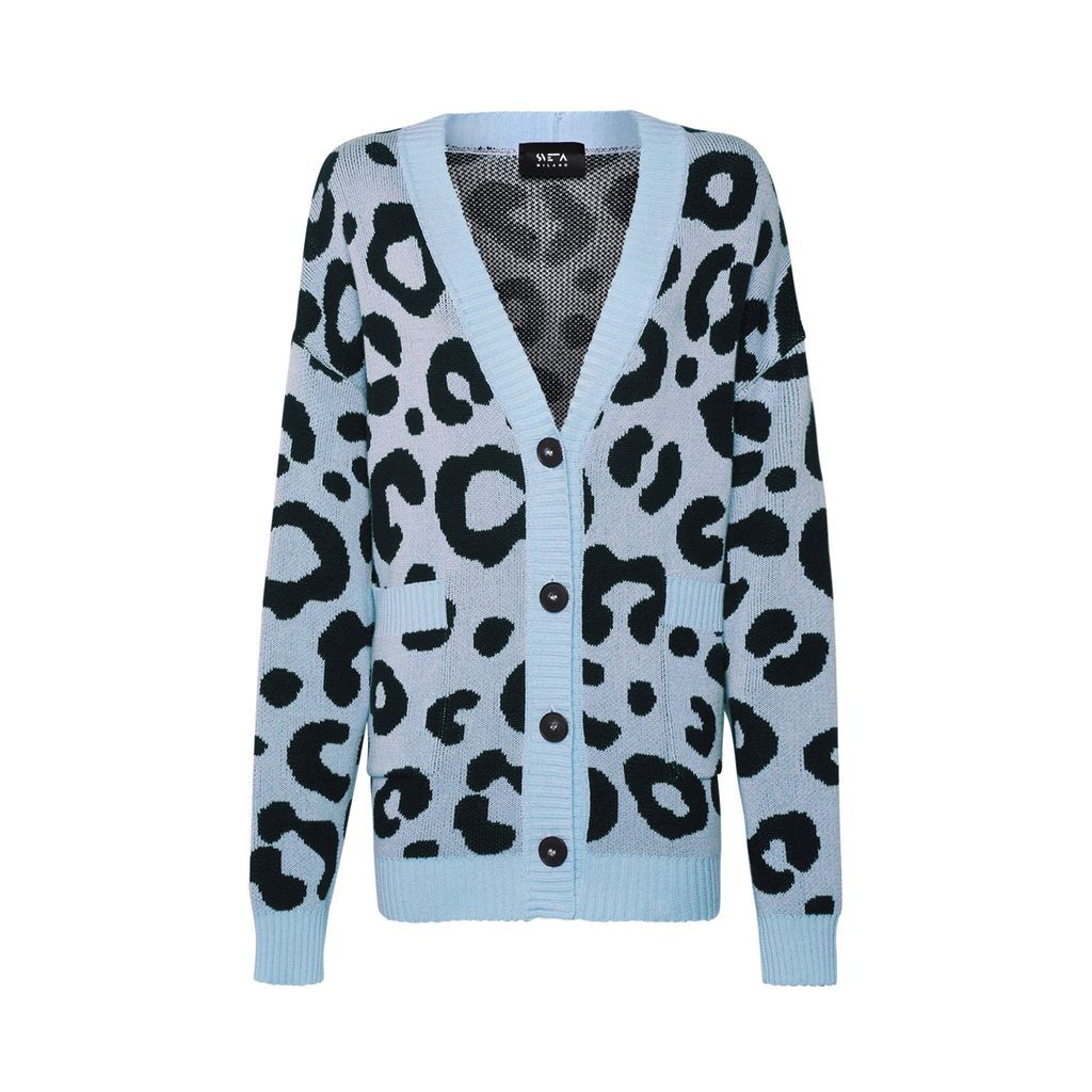 Women's Georgia Light Blue/Black Leopard-Jacquard Long Cardigan One Size Sveta Milano