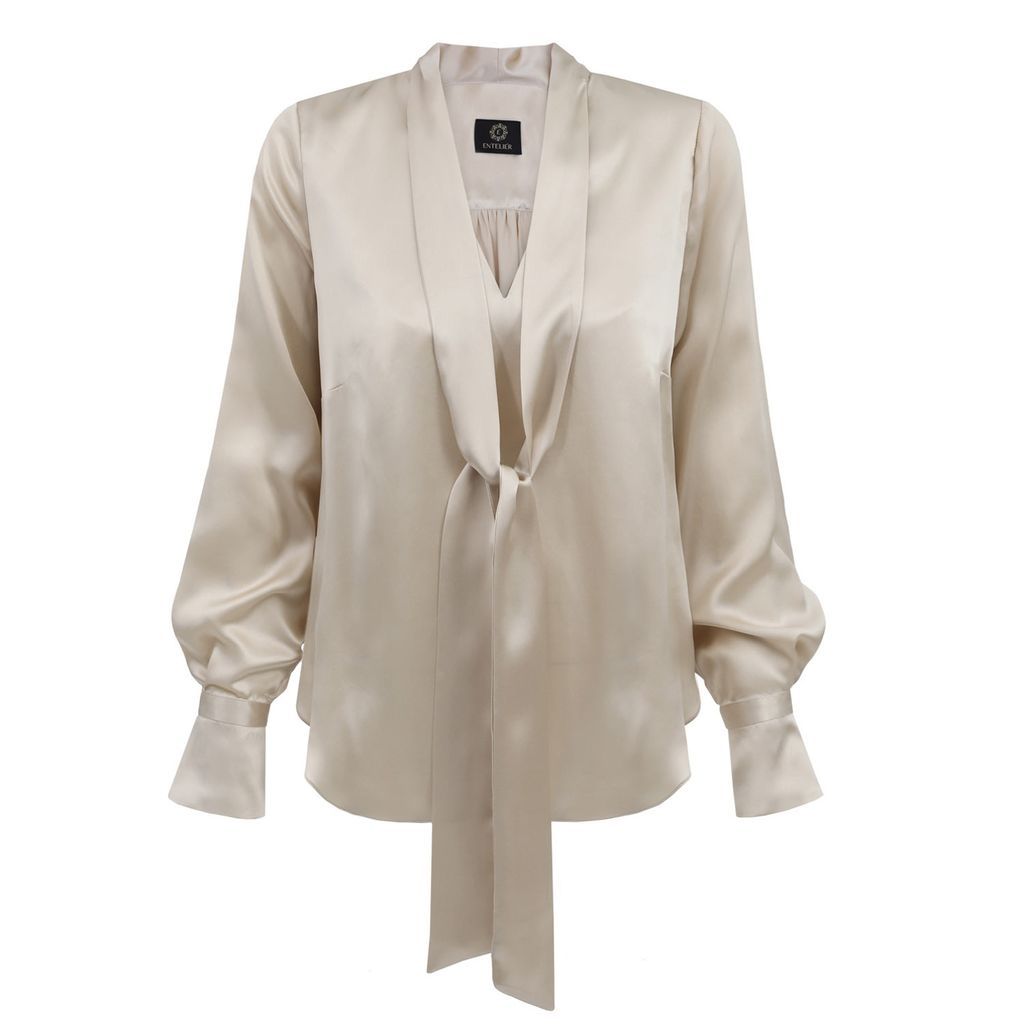 Women's Gold Silk Bow Blouse Beige Small Entelier