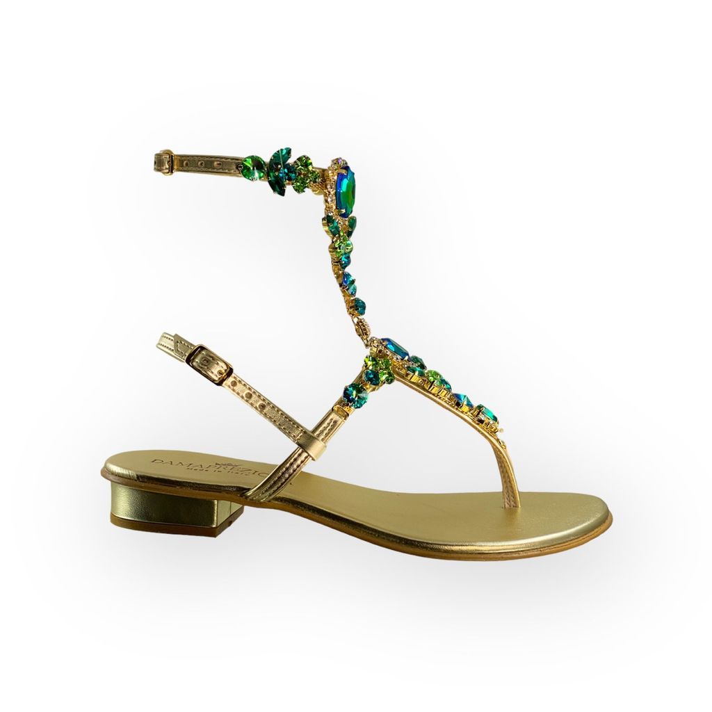 Women's Green / Gold Lucrezia Flat Sandal With Green Crystals 3 Uk DAMAPREZIOSA