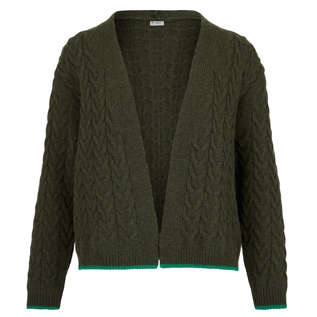 Women's Green Cashmere Mix Double Ply Cable Knitted Cardigan Olive One Size At Last...
