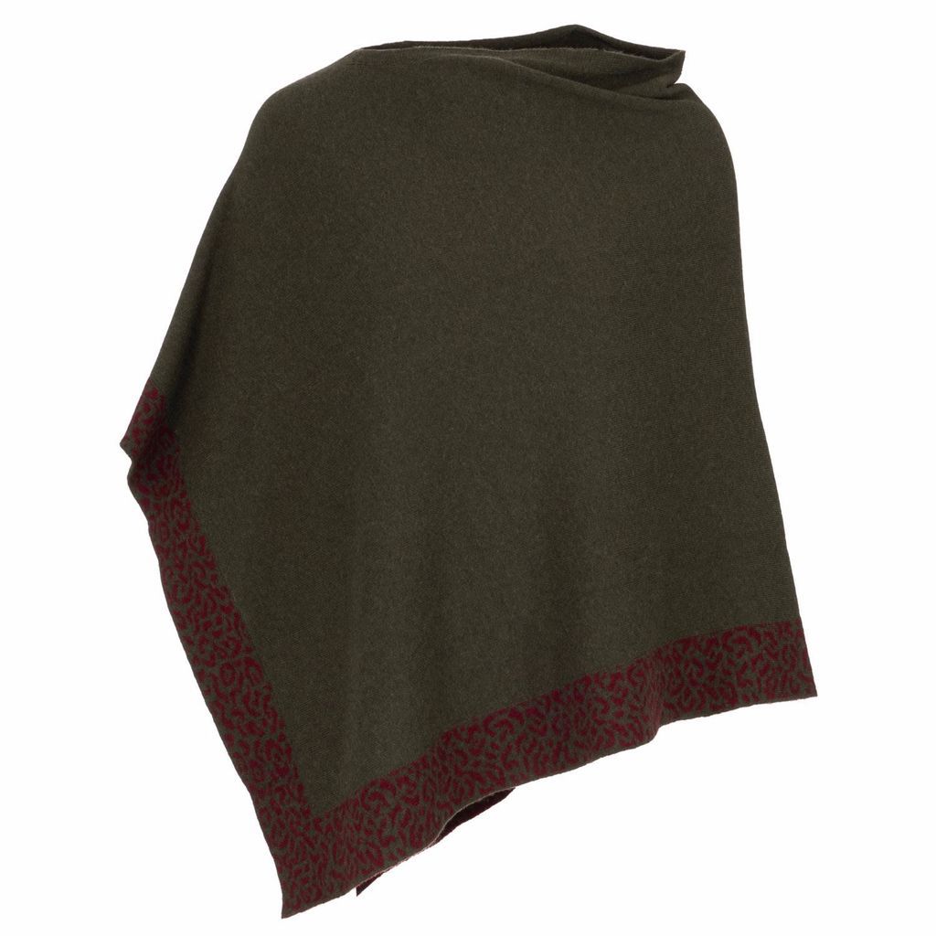 Women's Green Cashmere Poncho Olive & Burgundy Leopard Trim One Size At Last...