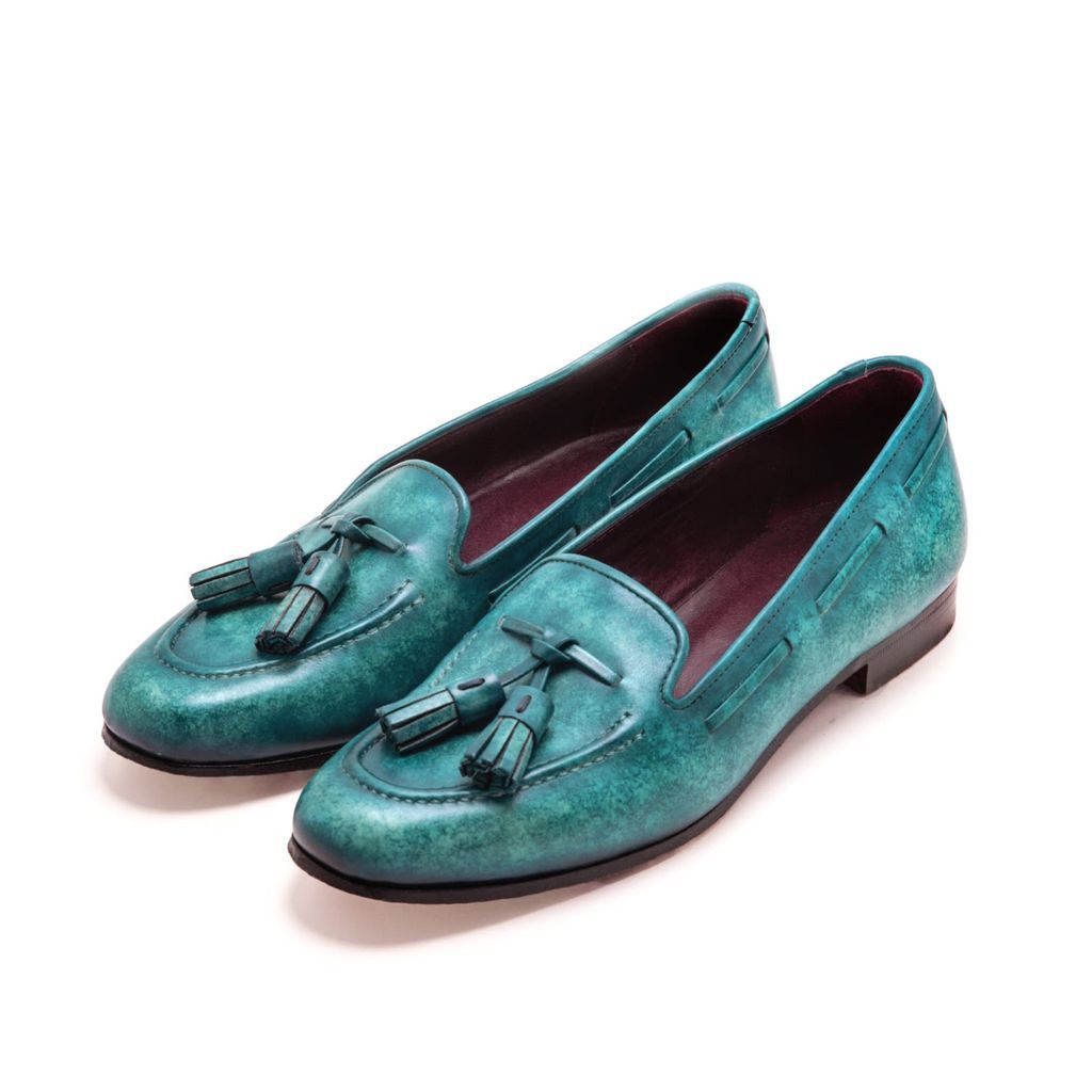 Women's Green Claude, Hand-Painted Patina Loafer Slipper Turquoise 2 Uk oeurs