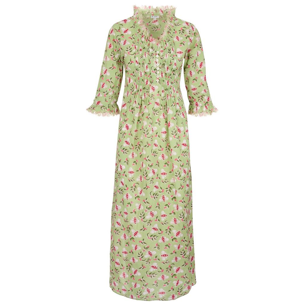 Women's Green Cotton Annabel Maxi Dress In Pistachio With Pink Busy Bees Extra Small At Last...