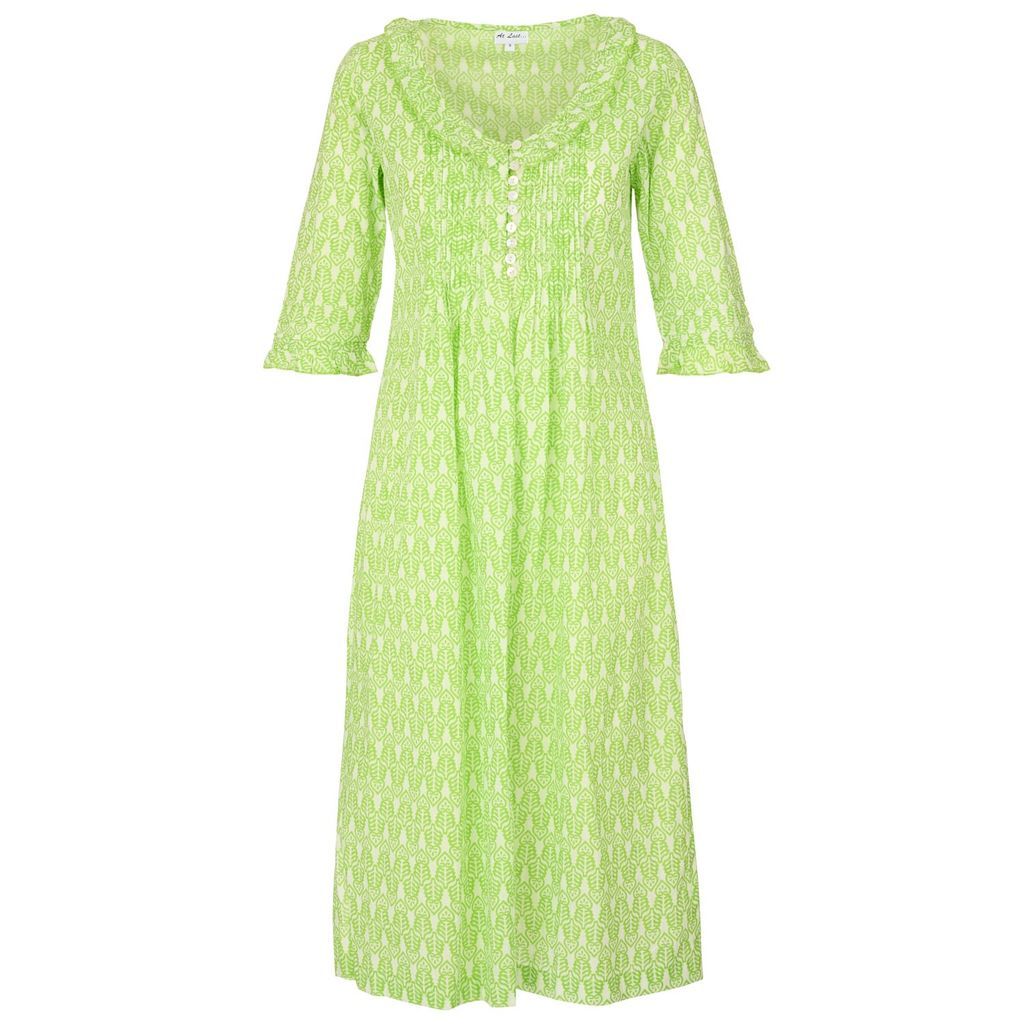 Women's Green Cotton Karen 3/4 Sleeve Day Dress In Fresh Lime & White Extra Small At Last...