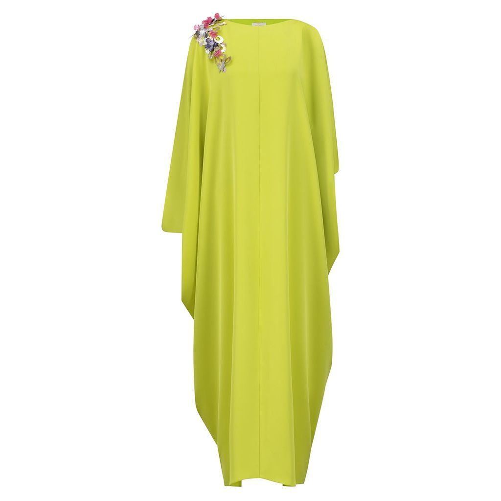 Women's Green Crepe Silk Kaftan In Mariposa Cut And Slitted Sleeves With One Shoulder Three D Embellishment In Lime Punch One Size Azzalia