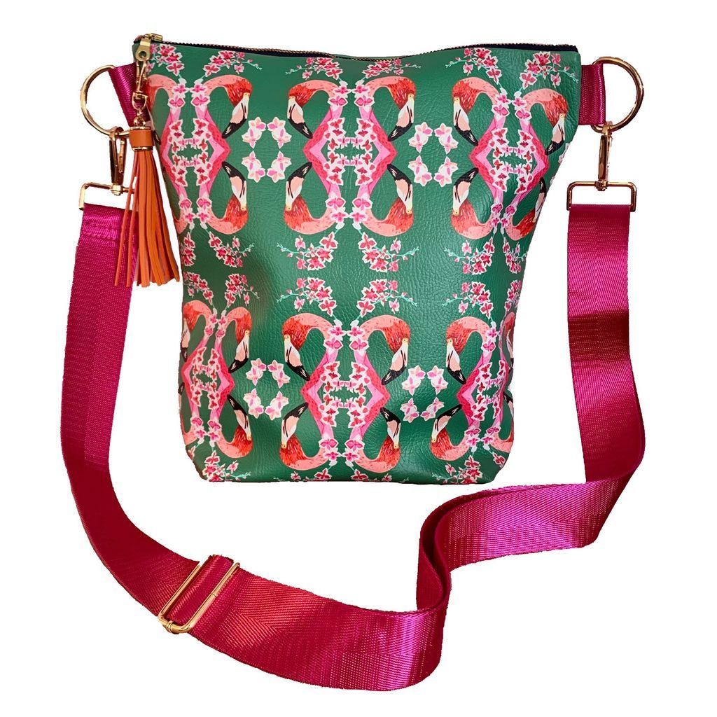Women's Green Flamingo & Flowers Vegan Leather Handbag Chloe Croft London Limited