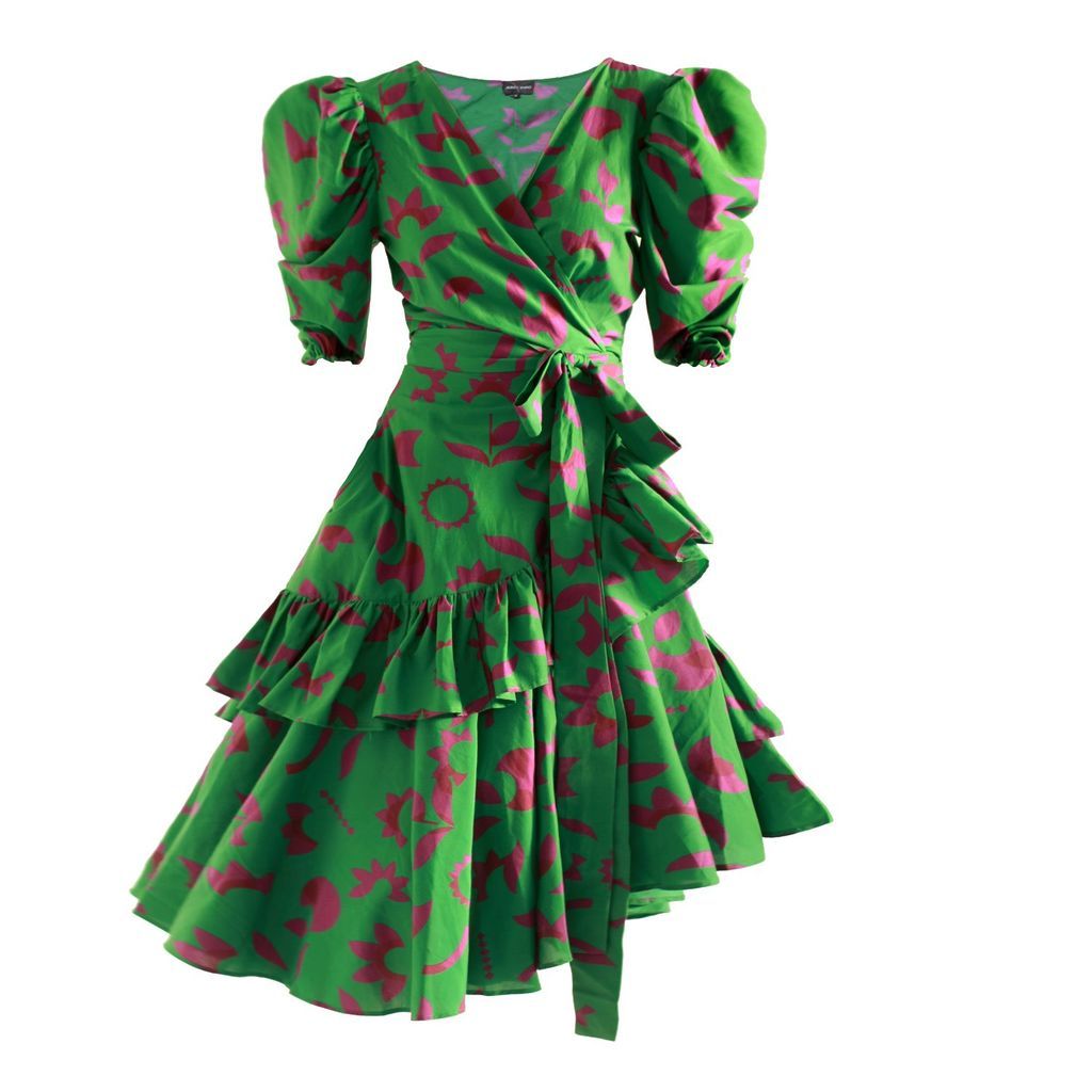 Women's Green Garden Cotton Silk Wrap Midi Dress Extra Small Jessie Zhao New York
