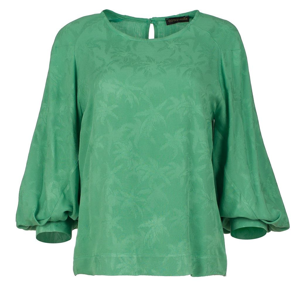 Women's Green Jacquard Top With Bishop Sleeves Small Conquista