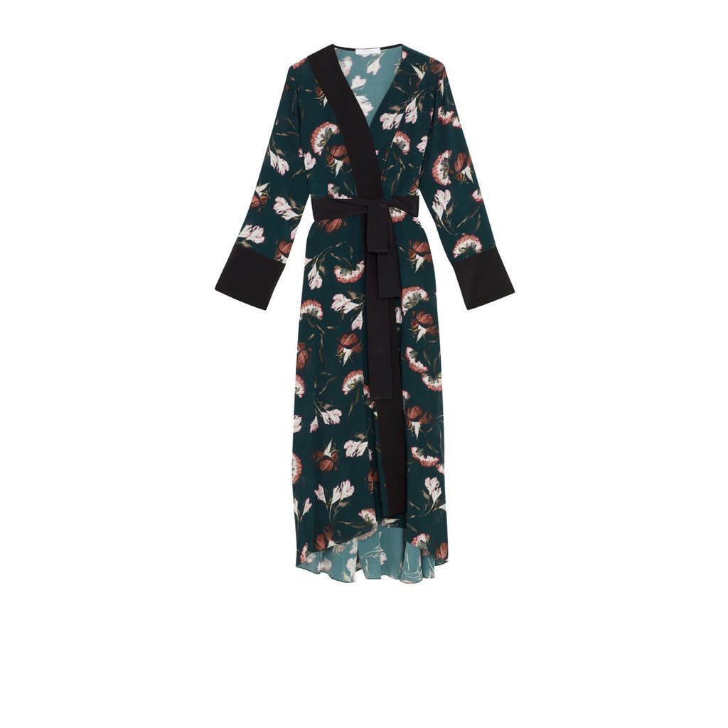 Women's Green Sakura Print Kimono Midi Dress Extra Small Ethereal London