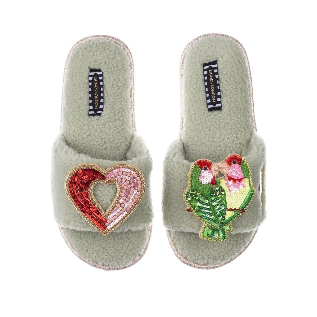 Women's Green Teddy Towelling Slipper Sliders With Love Birds & Heart Brooches - Sage Small LAINES LONDON