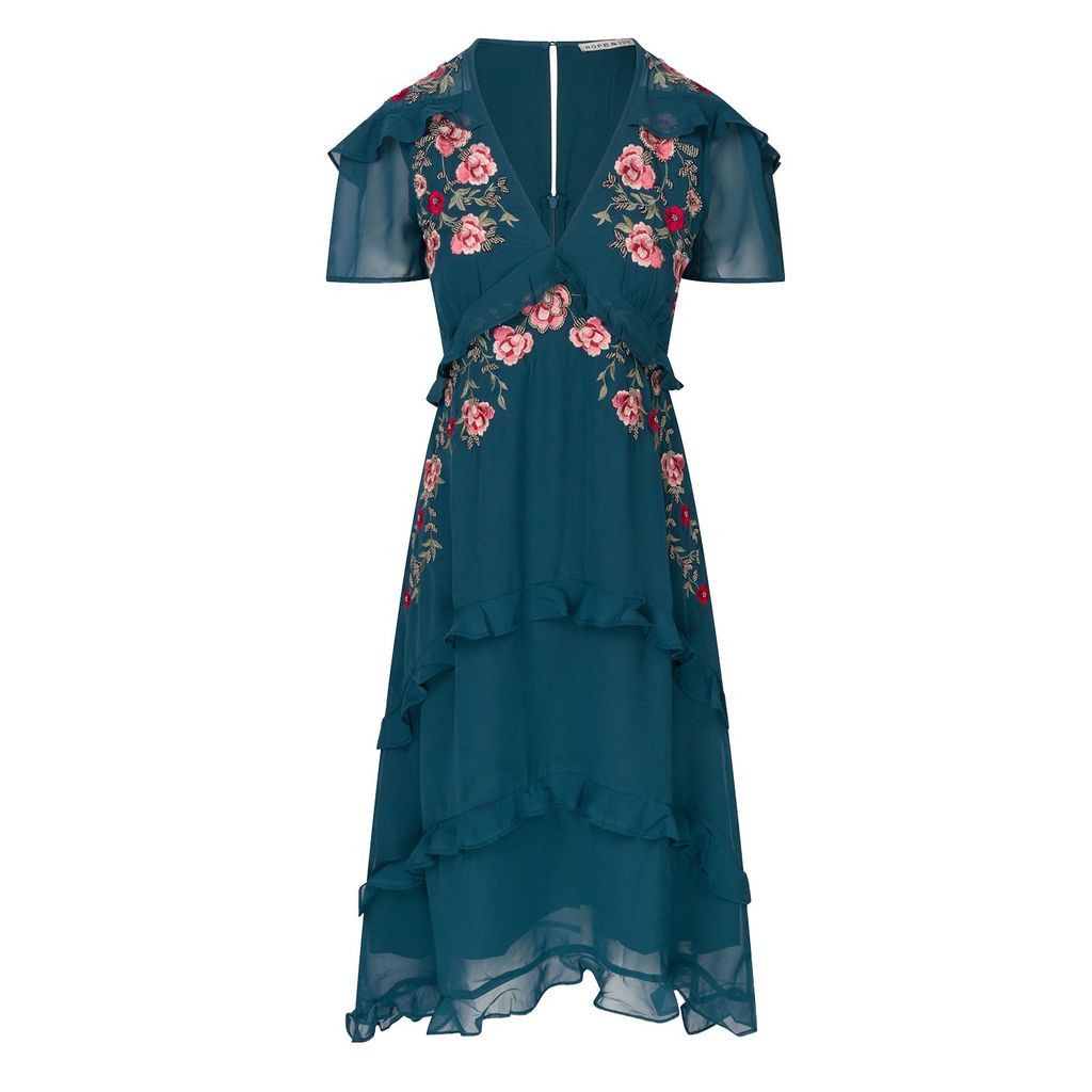 Women's Green The Ophelia Embroidered Embellished Floral Tea Dress With Ruffle Detailing And Drop Hem Small Hope and Ivy