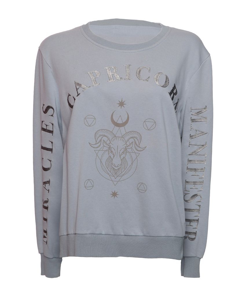 Women's Grey Embroidered Capricorn Zodiac Sign Sweatshirt Small Miracles Manifester