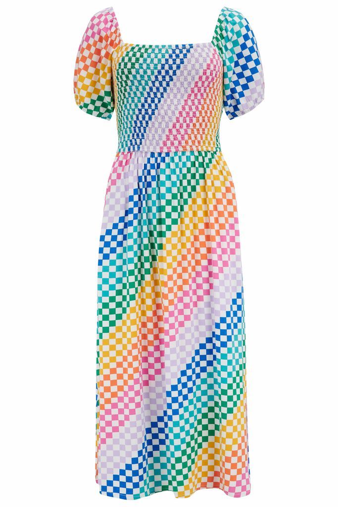 Women's Jolene Midi Shirred Dress Multi, Rainbow Checkerboard Extra Small Sugarhill Brighton