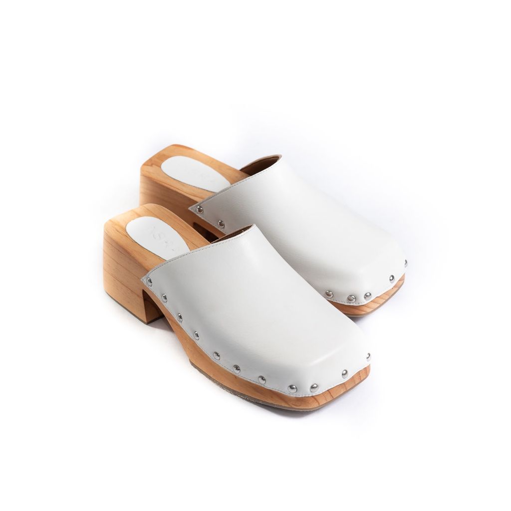 Women's Jude Bright White Leather Wooden Studded Clog 3 Uk ASRA