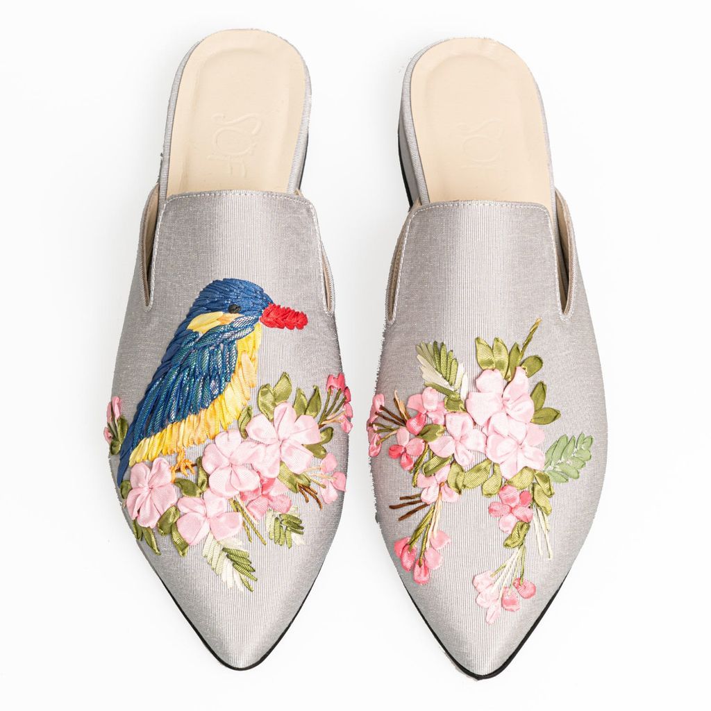 Women's Kingfisher Handmade Ribbon Embroidery Grey Mule Shoes 3 Uk Studio of Friends