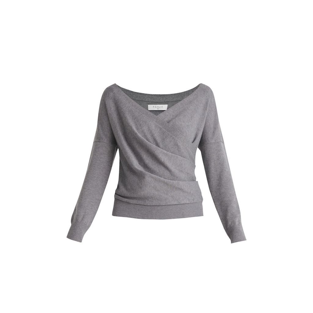 Women's Knitted Wrap Top With Long Sleeves In Grey Small PAISIE