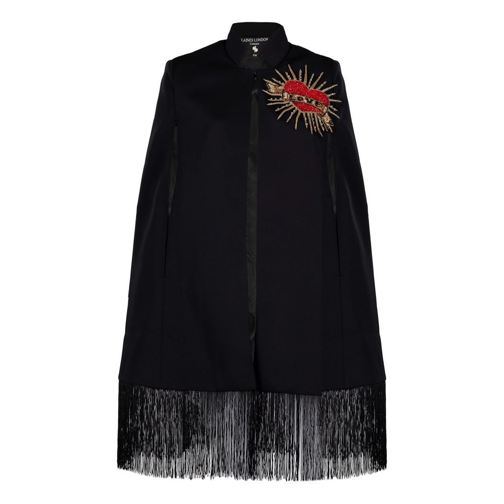 Women's Laines Couture Fringed Tassel Cape With Embellished Red Love Heart - Black S/M LAINES LONDON