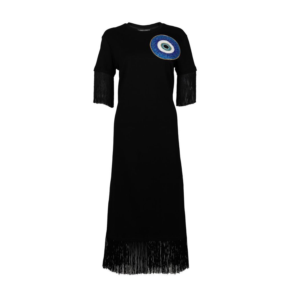 Women's Laines Couture Fringed Tassel Dress With Embellished Evil Eye - Black S/M LAINES LONDON