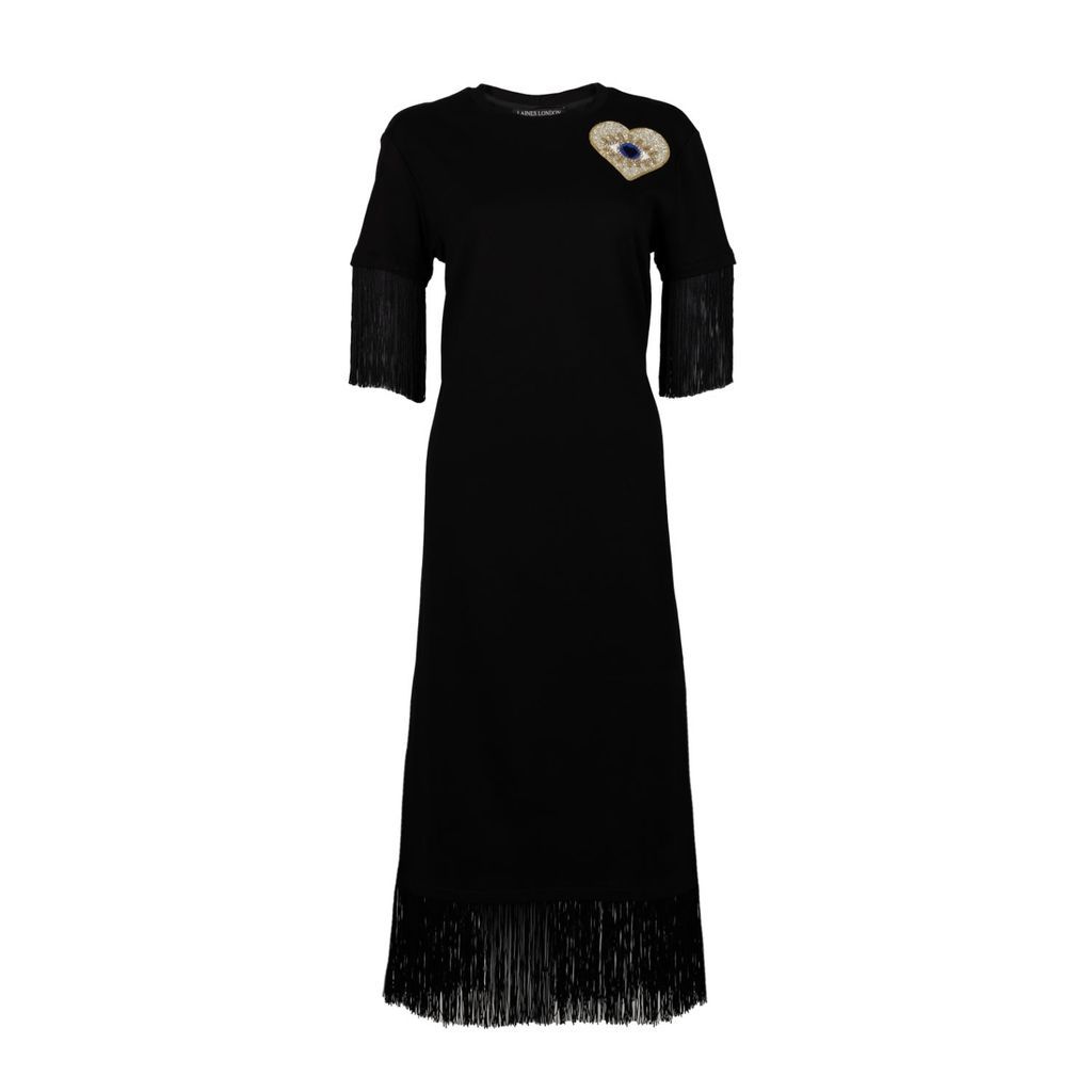 Women's Laines Couture Fringed Tassel Dress With Embellished Heart Eye - Black S/M LAINES LONDON