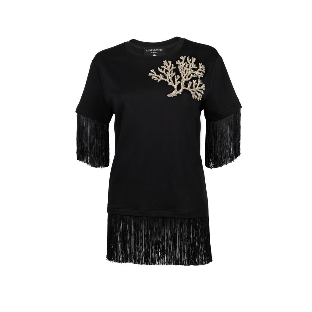Women's Laines Couture Fringed Tassel T-Shirt With Embellished Coral - Black S/M LAINES LONDON