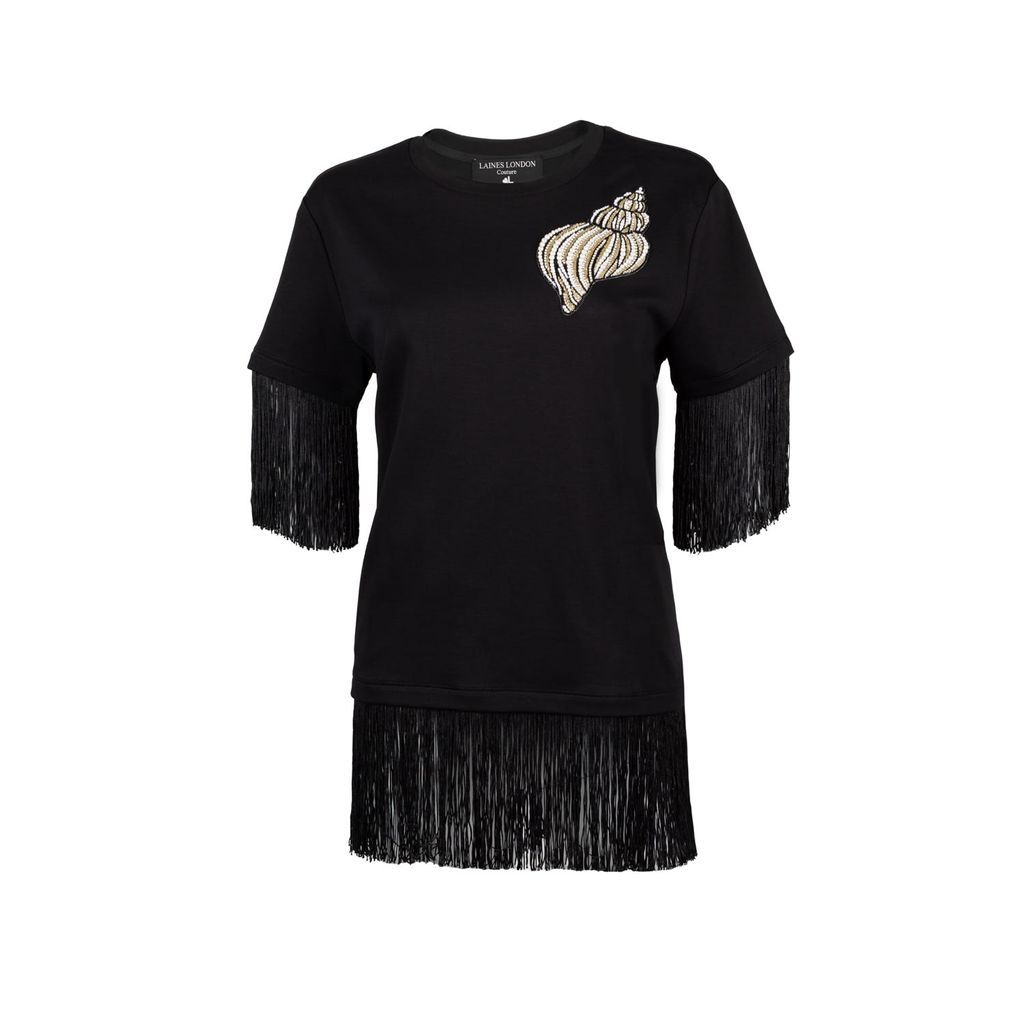 Women's Laines Couture Fringed Tassel T-Shirt With Embellished Cone Shell - Black S/M LAINES LONDON