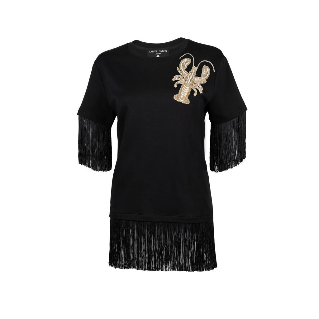 Women's Laines Couture Fringed Tassel T-Shirt With Embellished Lobster - Black S/M LAINES LONDON