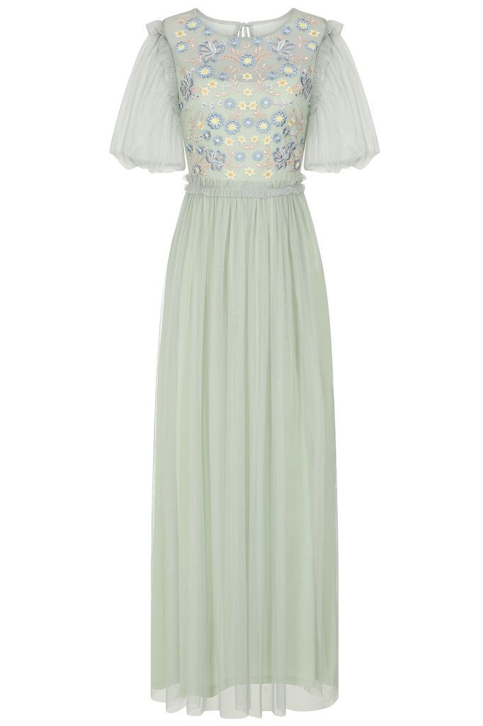 Women's Laraline Puff Sleeve Maxi Dress With Floral Embroidery - Green Medium Frock and Frill