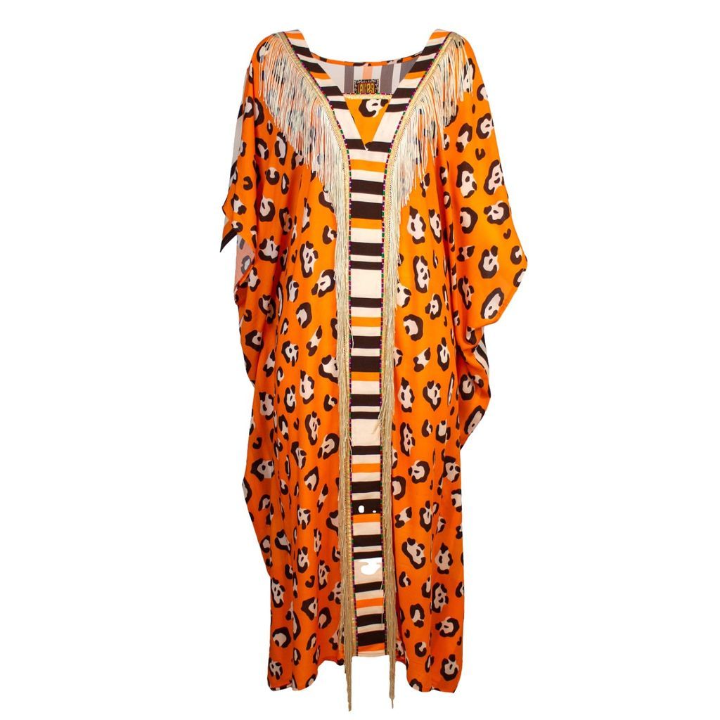 Women's Leopard Print Viscose Kaftan With Fringe Details One Size Lalipop Design