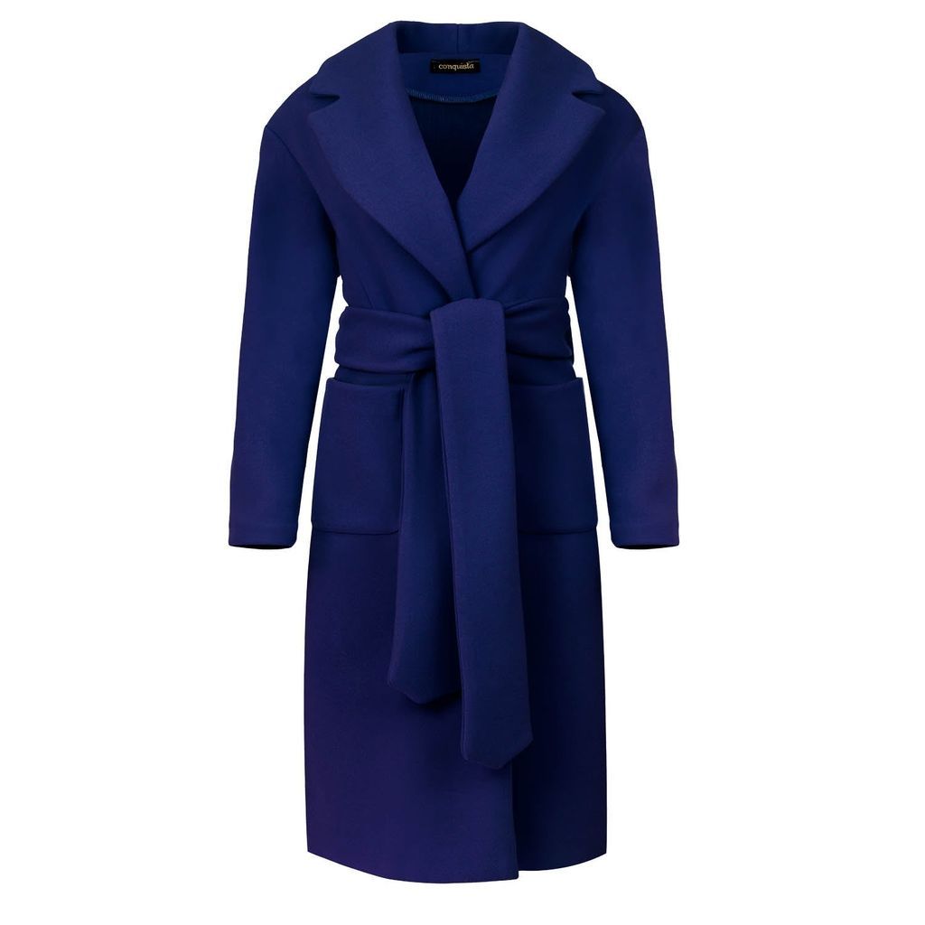 Women's Long Electric Blue Faux Mouflon Coat With Belt Small Conquista