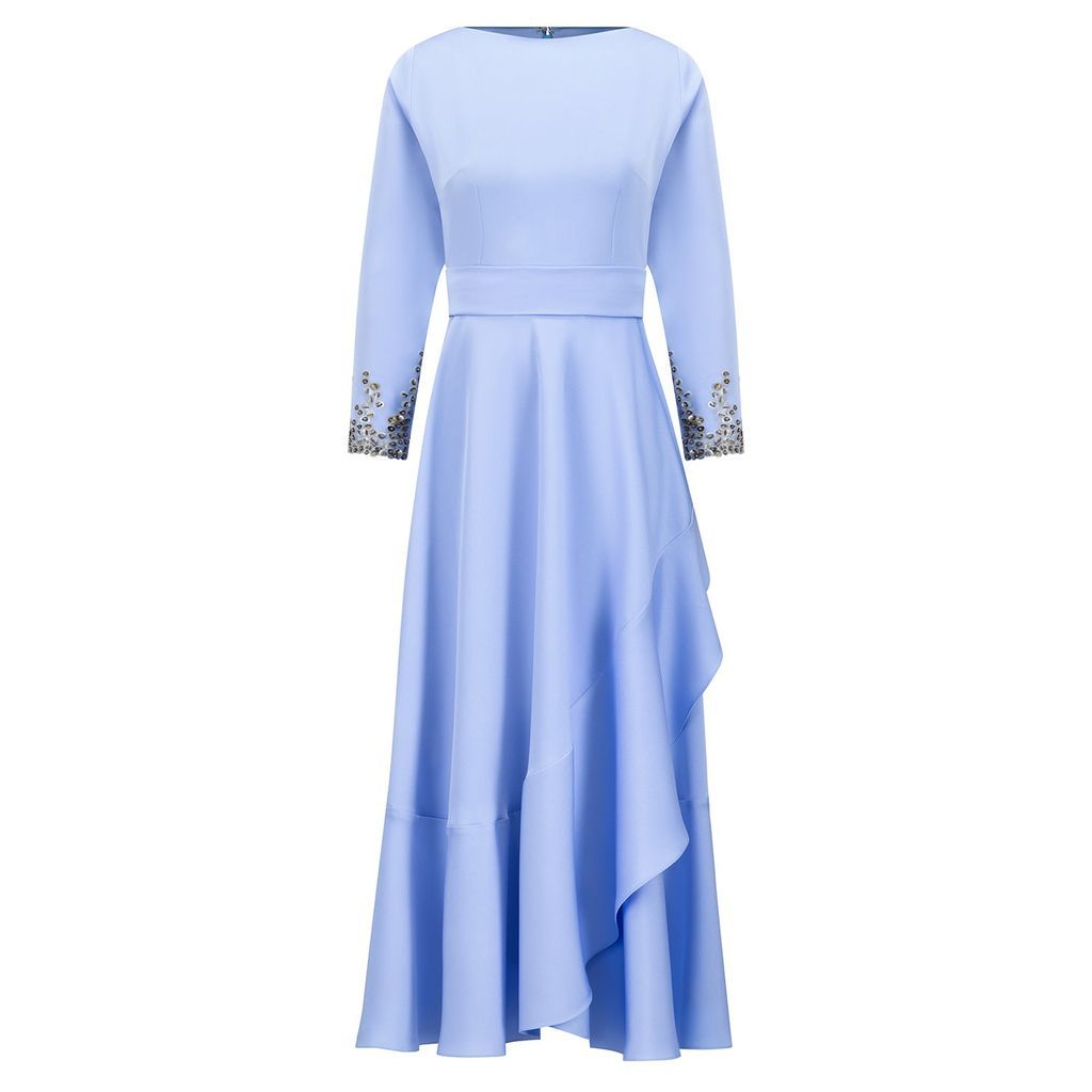 Women's Long Sleeves Crepe Dress With Sequin And Fitted Sleeves With Frilled Hemline In Hydrangea Blue Color Small Azzalia