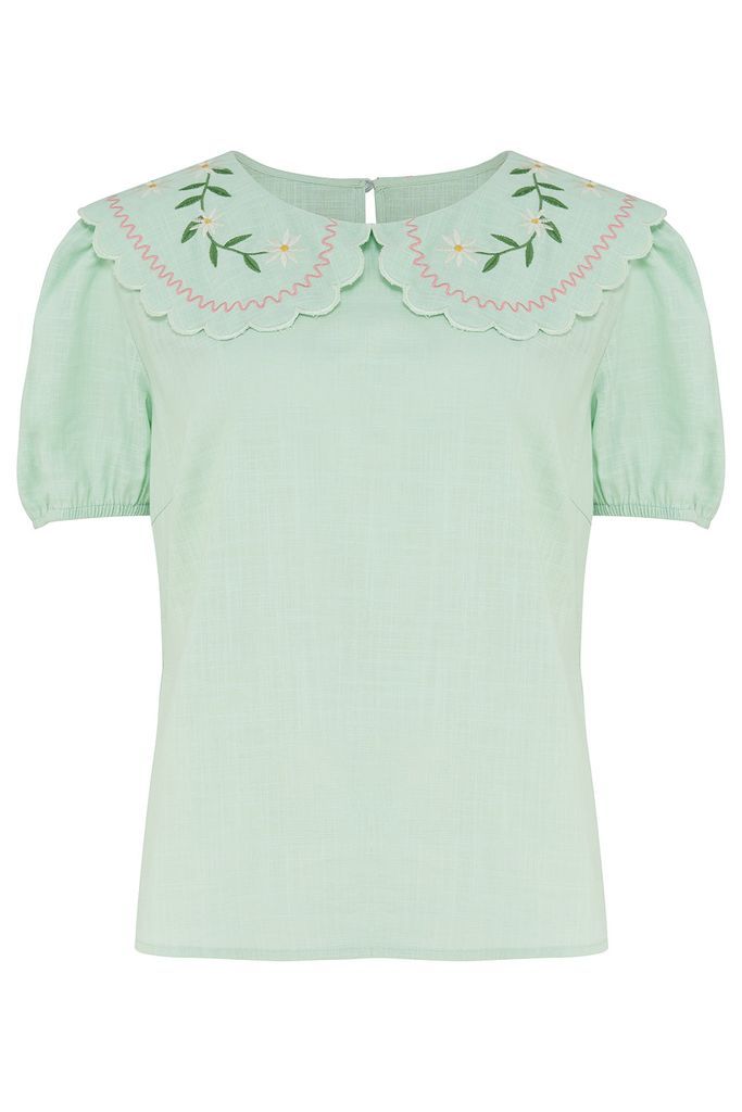 Women's Macie Scallop Collar Top Green, Floral Embroidery Extra Small Sugarhill Brighton