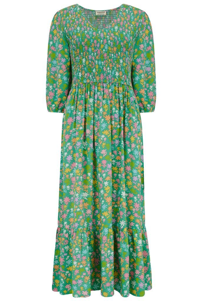 Women's Magdalene Midi Shirred V-Neck Dress Green, Soft Rainbow Floral Extra Small Sugarhill Brighton