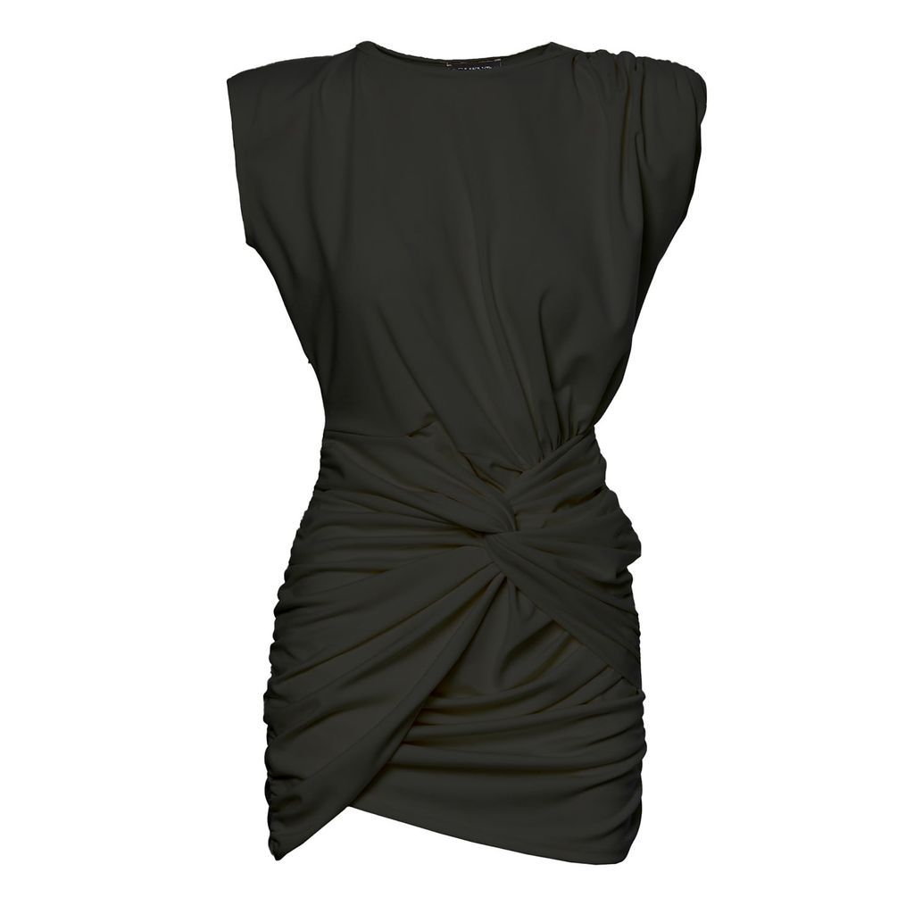 Women's Mini Black Dress With One Draped Shoulders And Pleats Extra Small BLUZAT