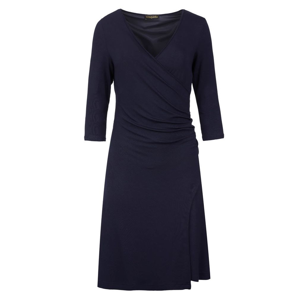 Women's Navy Blue Faux Wrap Dress In Sustainable Fabric Small Conquista
