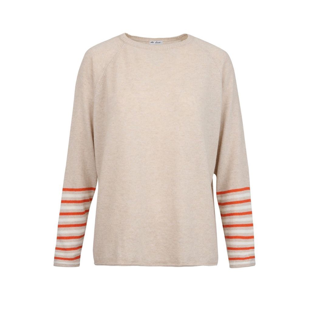 Women's Neutrals Cashmere Mix Sweater In Beige With Orange & White Arm Rings One Size At Last...