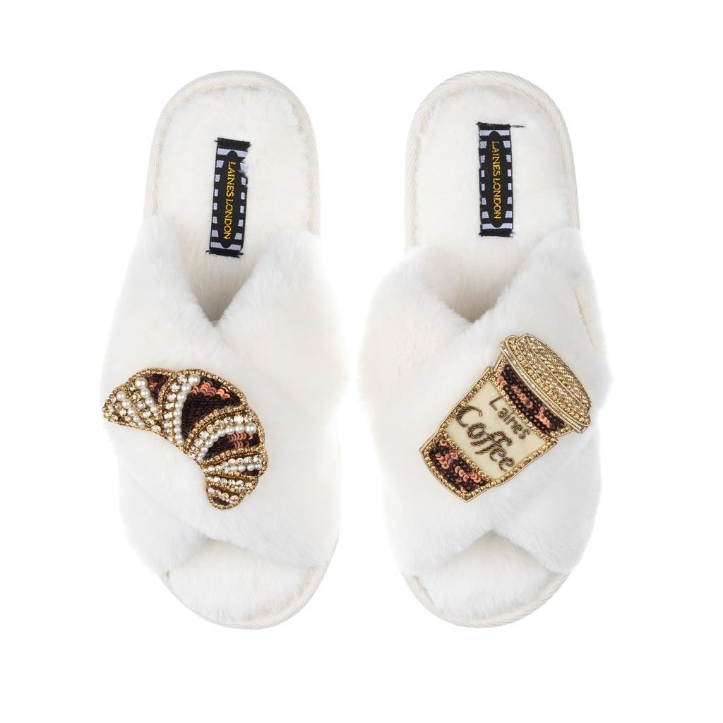 Women's Neutrals Classic Laines Slippers With Coffee & Croissant Brooches - Cream Small LAINES LONDON