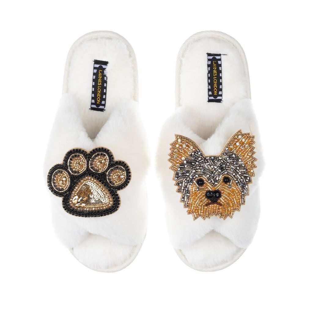 Women's Neutrals Classic Laines Slippers With Minnie Yorkie & Paw Brooches - Cream Small LAINES LONDON