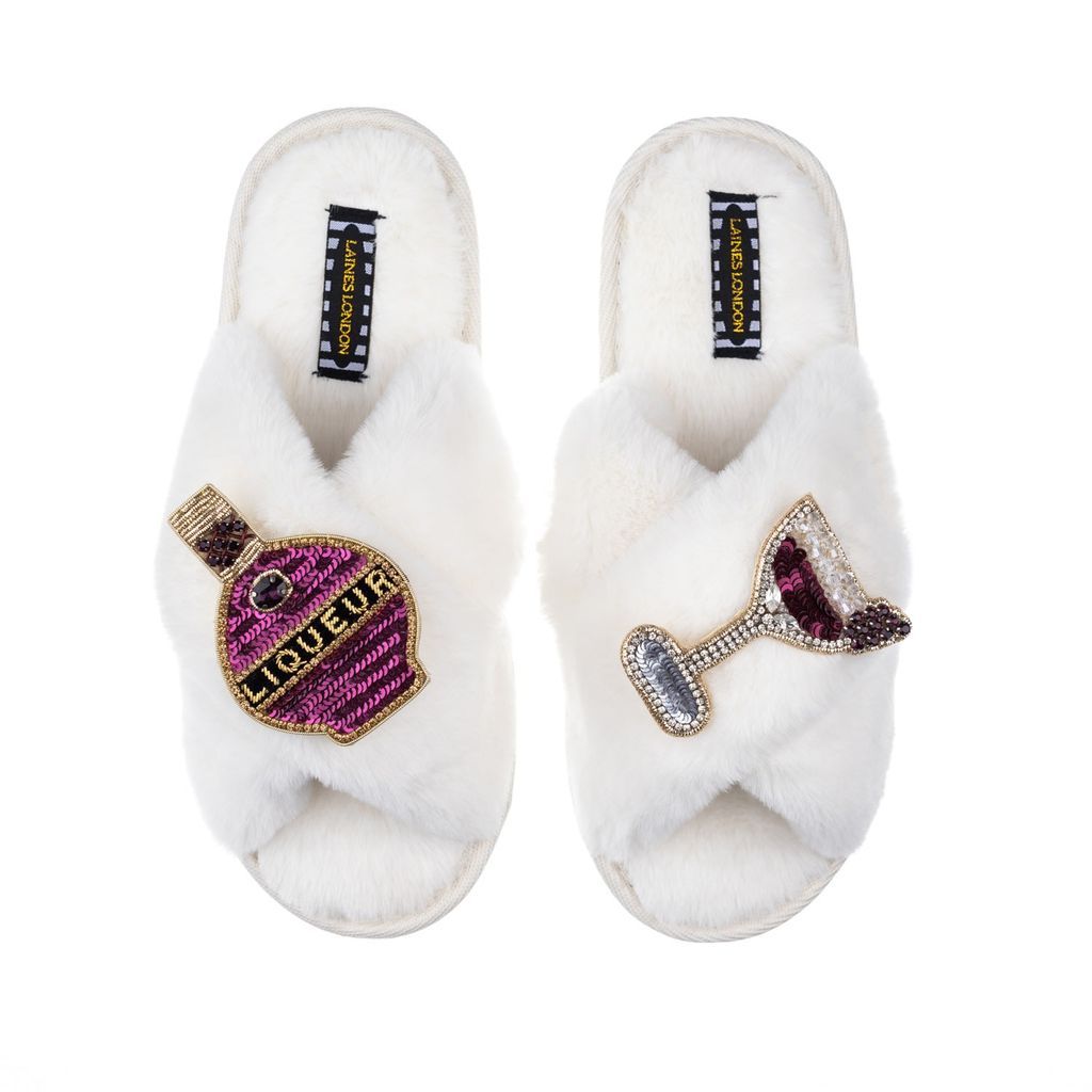 Women's Neutrals Classic Laines Slippers With Raspberry Liqueur Brooches - Cream Small LAINES LONDON