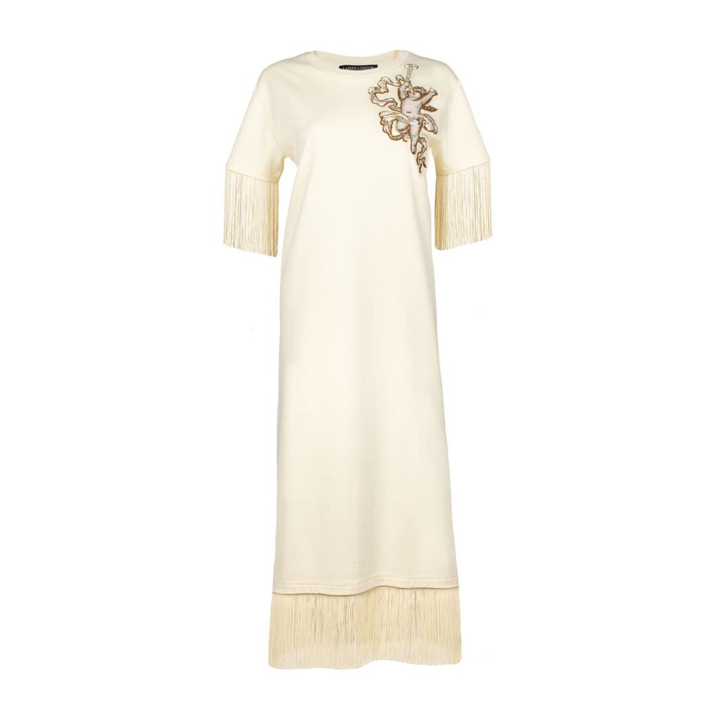 Women's Neutrals Laines Couture Fringed Tassel Dress With Embellished Cherub - Cream S/M LAINES LONDON