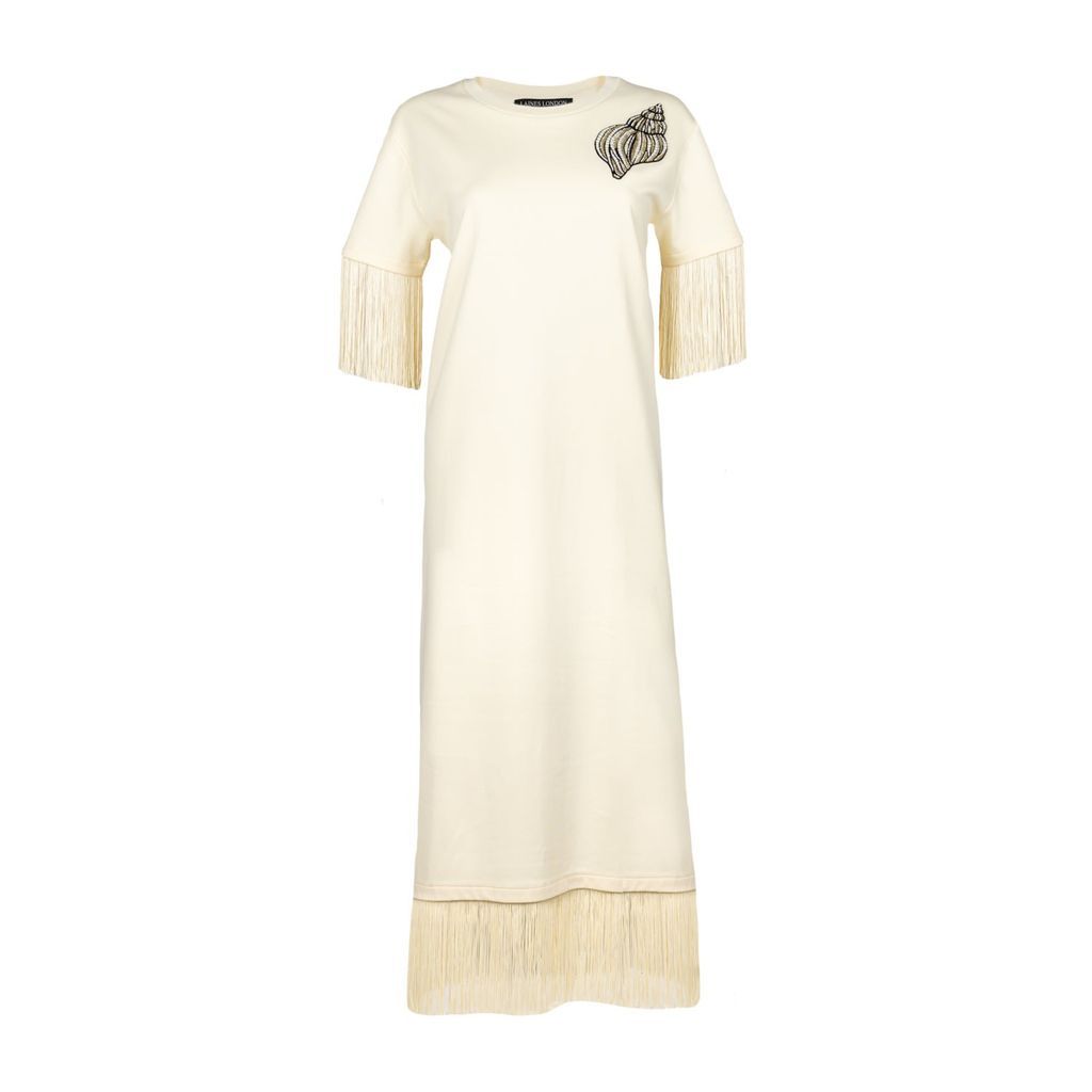Women's Neutrals Laines Couture Fringed Tassel Dress With Embellished Cone Shell - Cream S/M LAINES LONDON