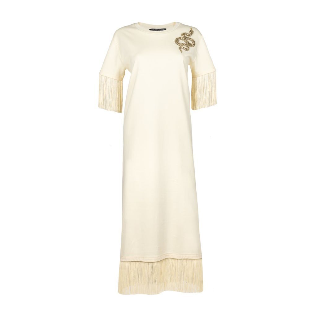 Women's Neutrals Laines Couture Fringed Tassel Dress With Embellished Snake - Cream S/M LAINES LONDON