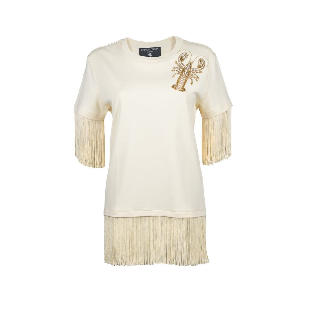 Women's Neutrals Laines Couture Fringed Tassel T-Shirt With Embellished Lobster - Cream S/M LAINES LONDON