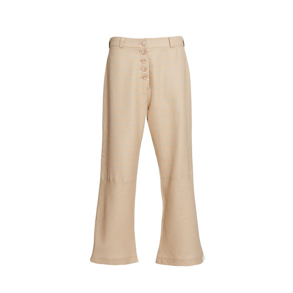 Women's Neutrals Linen Beige Checkered Button Pants Medium K M by L A N G E