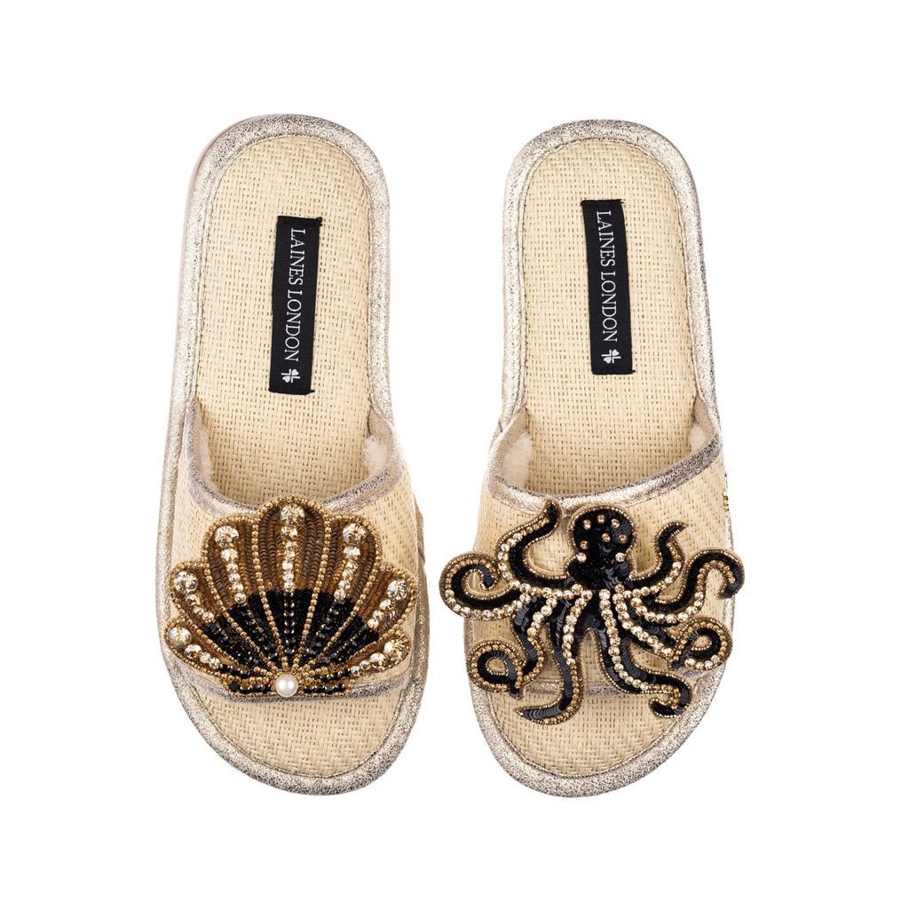 Women's Neutrals Straw Braided Sandals With Handmade Black & Gold Octopus & Shell Brooches - Cream Small LAINES LONDON